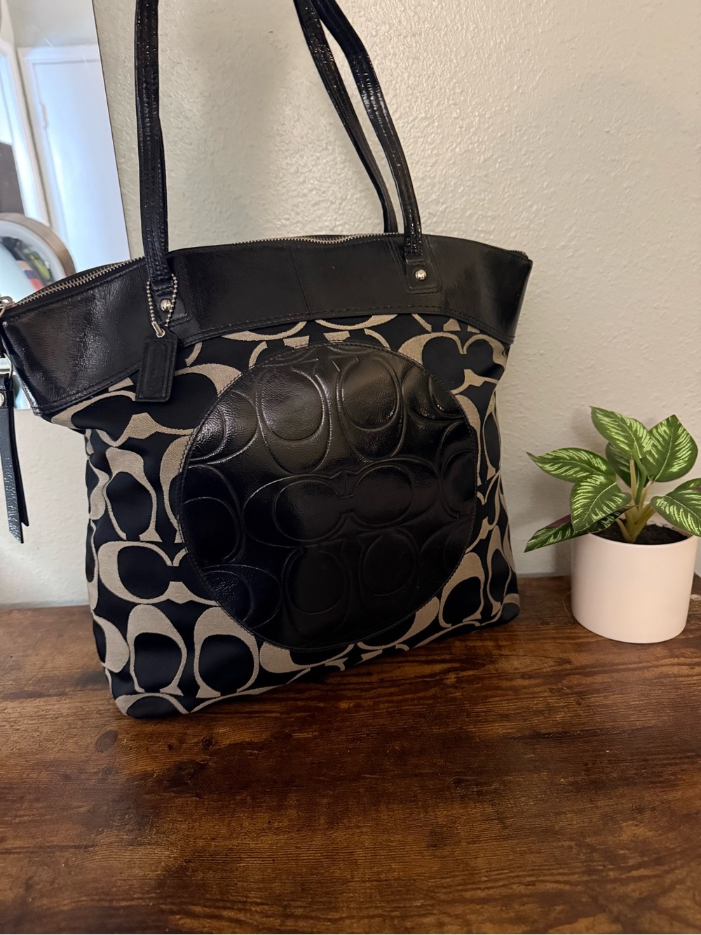 Coach Laura Signature Tote F18335 Black & Khaki Large Shoulder Bag